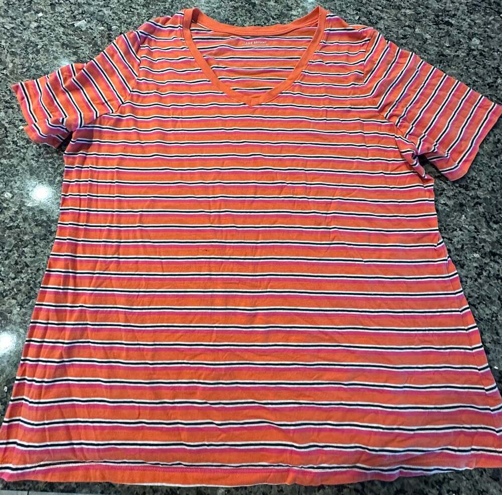 Lane Bryant Classic Perfect Sleeve Tee Orange Striped V-Neck Plus Size 18/20